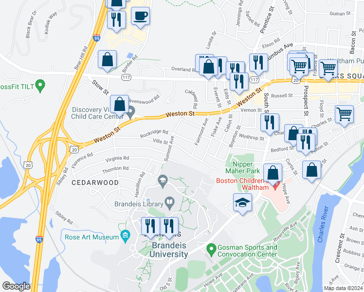 map of restaurants, bars, coffee shops, grocery stores, and more near 122 Villa Street in Waltham