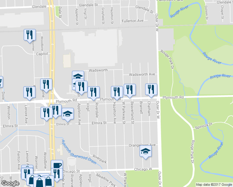 map of restaurants, bars, coffee shops, grocery stores, and more near 11628 Hazelton in Redford Charter Township