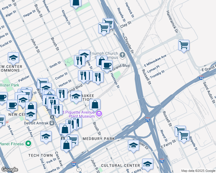 map of restaurants, bars, coffee shops, grocery stores, and more near 650 East Milwaukee Avenue in Detroit
