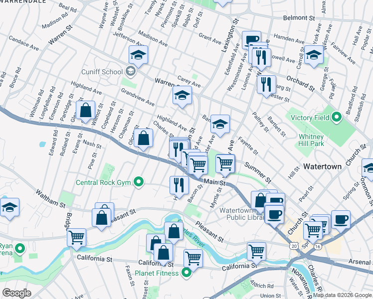 map of restaurants, bars, coffee shops, grocery stores, and more near 75 Lexington Street in Watertown