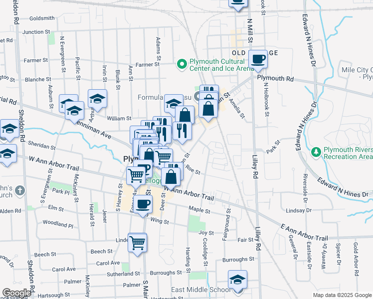 map of restaurants, bars, coffee shops, grocery stores, and more near 168 South Union Street in Plymouth