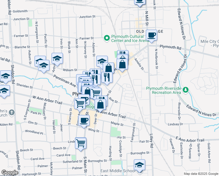 map of restaurants, bars, coffee shops, grocery stores, and more near 168 South Union Street in Plymouth