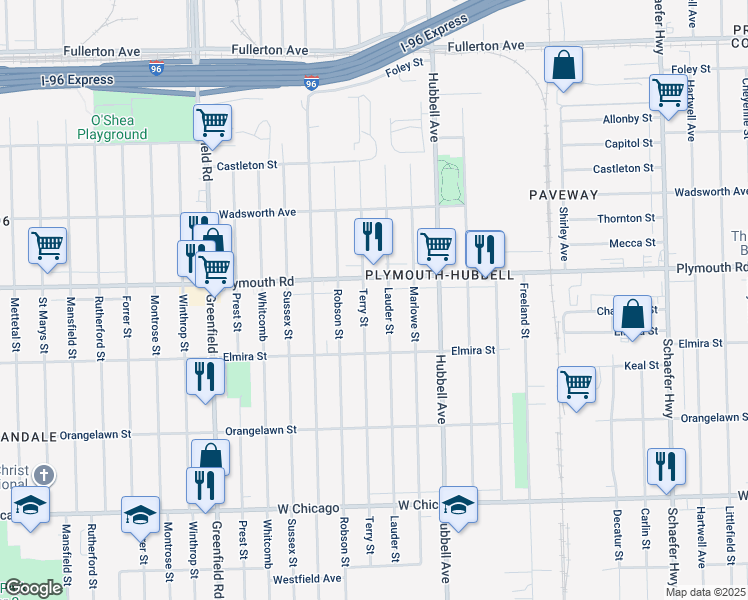 map of restaurants, bars, coffee shops, grocery stores, and more near 11414 Terry Street in Detroit