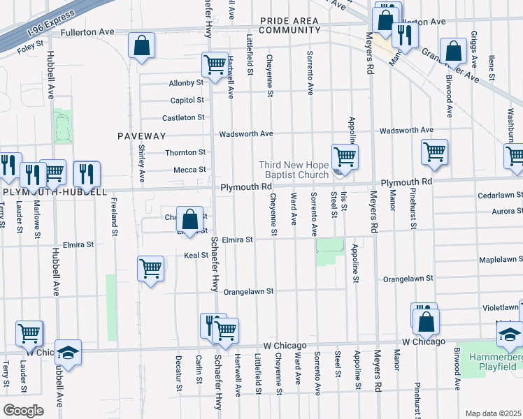 map of restaurants, bars, coffee shops, grocery stores, and more near 11390 Littlefield St in Detroit