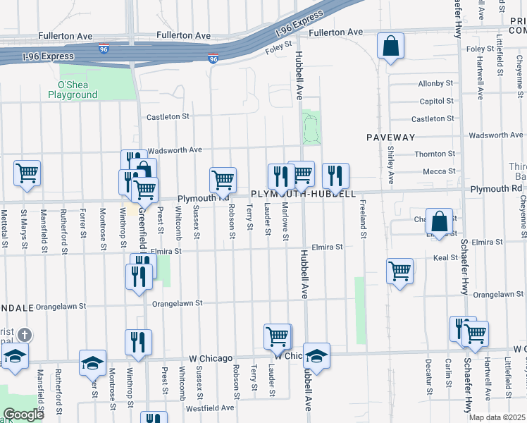 map of restaurants, bars, coffee shops, grocery stores, and more near 11415 Lauder Street in Detroit