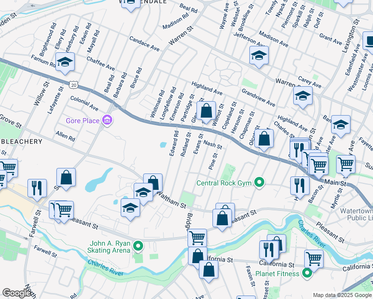 map of restaurants, bars, coffee shops, grocery stores, and more near 38 Rutland Street in Watertown