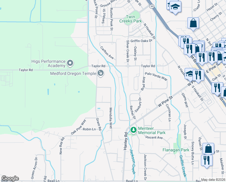 map of restaurants, bars, coffee shops, grocery stores, and more near 924 Mendolia Way in Central Point