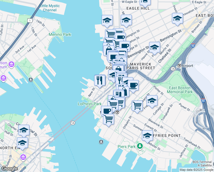 map of restaurants, bars, coffee shops, grocery stores, and more near 86 Liverpool Street in Boston