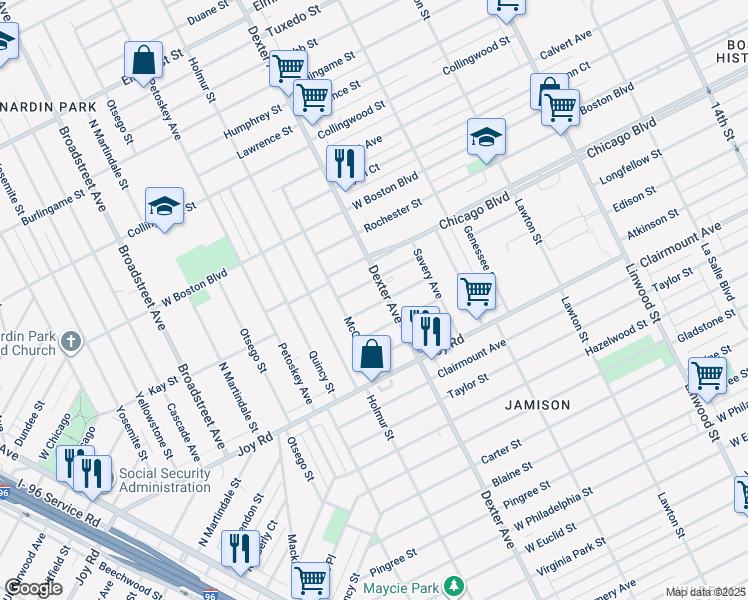 map of restaurants, bars, coffee shops, grocery stores, and more near 3726 Edison Street in Detroit