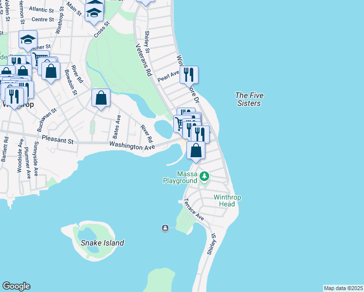map of restaurants, bars, coffee shops, grocery stores, and more near 211 Washington Avenue in Winthrop