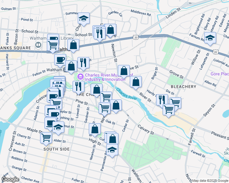 map of restaurants, bars, coffee shops, grocery stores, and more near 148 Newton Street in Waltham