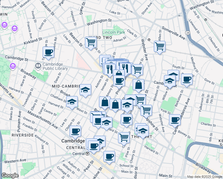 map of restaurants, bars, coffee shops, grocery stores, and more near 124 Amory Street in Cambridge