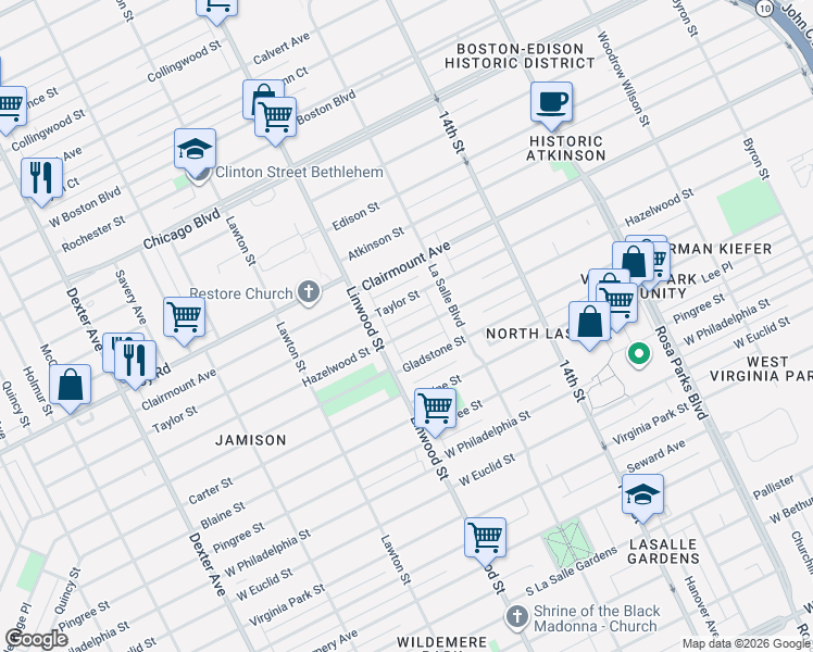 map of restaurants, bars, coffee shops, grocery stores, and more near 2494 Hazelwood Street in Detroit