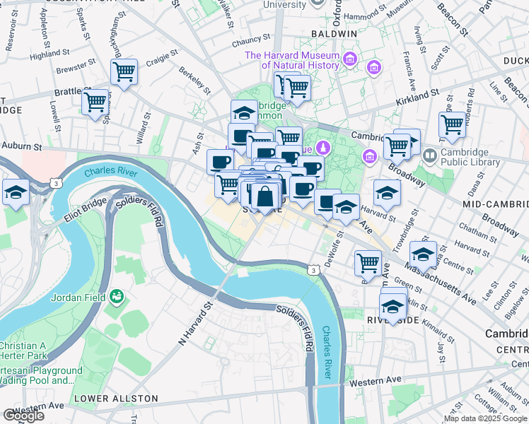 map of restaurants, bars, coffee shops, grocery stores, and more near 57 John F. Kennedy Street in Cambridge