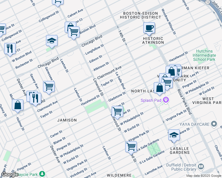 map of restaurants, bars, coffee shops, grocery stores, and more near 2484 Hazelwood Street in Detroit