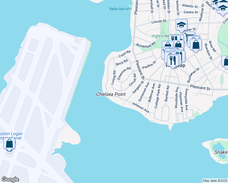 map of restaurants, bars, coffee shops, grocery stores, and more near 125 Loring Road in Winthrop