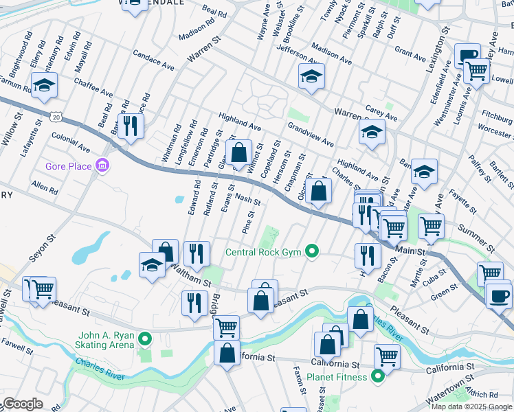 map of restaurants, bars, coffee shops, grocery stores, and more near 41 Pine Street in Watertown