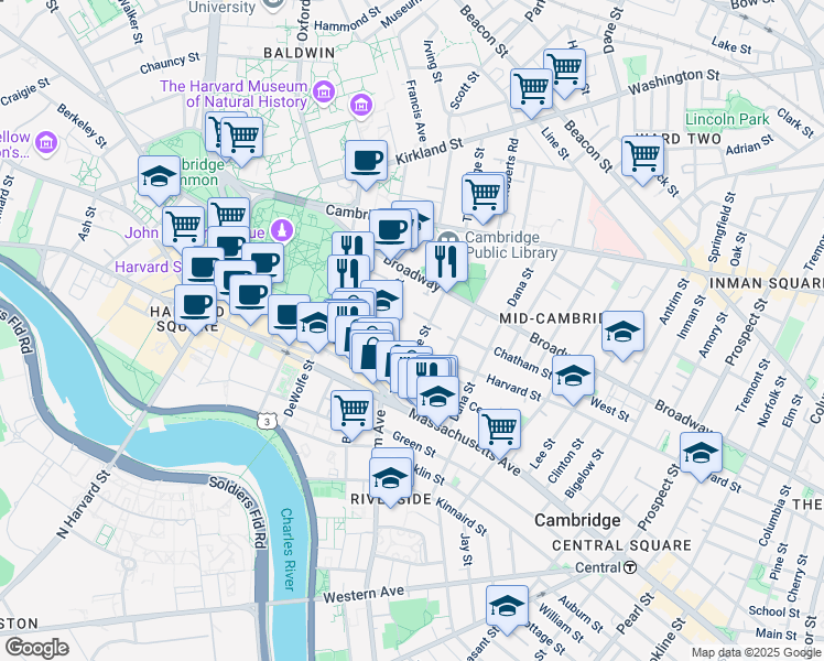 map of restaurants, bars, coffee shops, grocery stores, and more near 4 Trowbridge Place in Cambridge