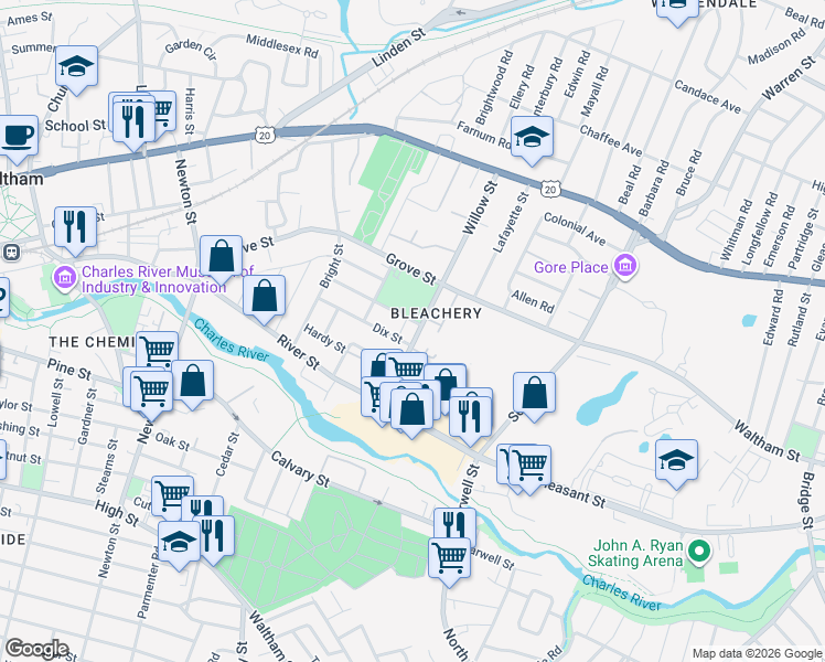 map of restaurants, bars, coffee shops, grocery stores, and more near 147 Willow Street in Waltham