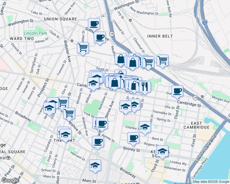 map of restaurants, bars, coffee shops, grocery stores, and more near 722 Cambridge Street in Cambridge