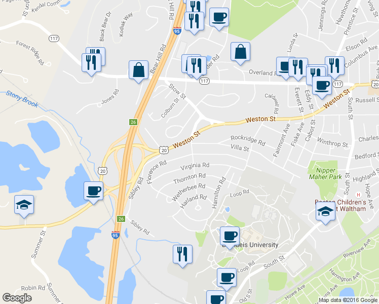map of restaurants, bars, coffee shops, grocery stores, and more near 23 Cedarwood Ave in Waltham