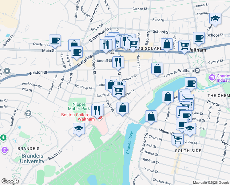 map of restaurants, bars, coffee shops, grocery stores, and more near 11 Bedford Street in Waltham