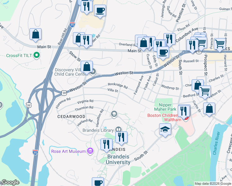 map of restaurants, bars, coffee shops, grocery stores, and more near 95 Villa Street in Waltham