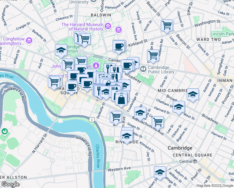 map of restaurants, bars, coffee shops, grocery stores, and more near 398 Harvard Street in Cambridge