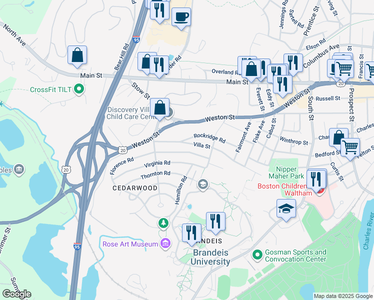 map of restaurants, bars, coffee shops, grocery stores, and more near 39 Florence Road in Waltham