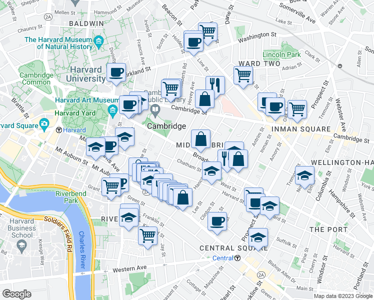 map of restaurants, bars, coffee shops, grocery stores, and more near Broadway & Ellsworth Ave in Cambridge