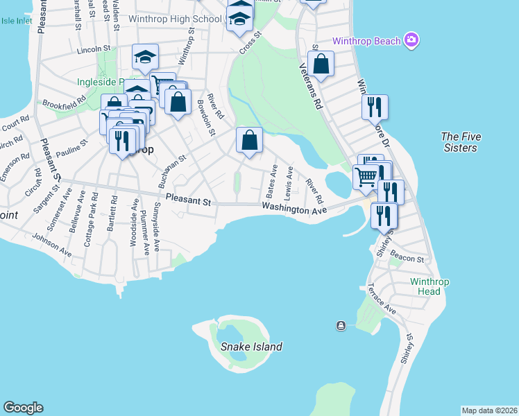 map of restaurants, bars, coffee shops, grocery stores, and more near 75 Washington Avenue in Winthrop