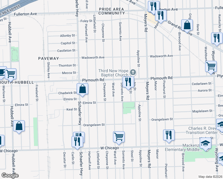map of restaurants, bars, coffee shops, grocery stores, and more near 11391 Ward Avenue in Detroit