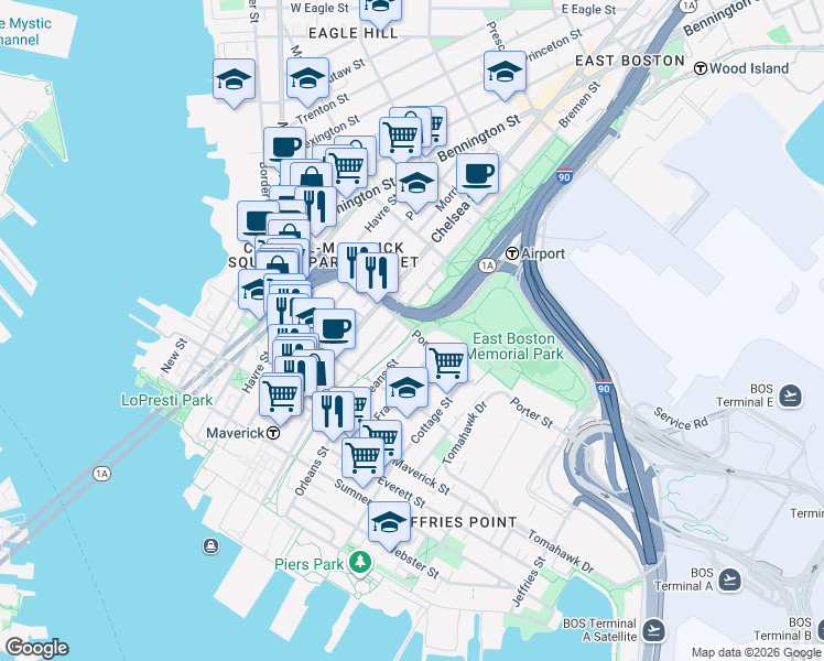 map of restaurants, bars, coffee shops, grocery stores, and more near 155 Porter Street in Boston