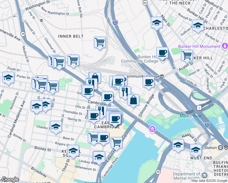 map of restaurants, bars, coffee shops, grocery stores, and more near 24 East Street in Cambridge