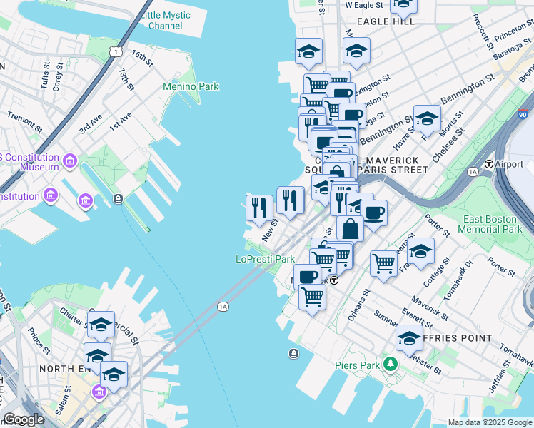 map of restaurants, bars, coffee shops, grocery stores, and more near 60 Border Street in Boston