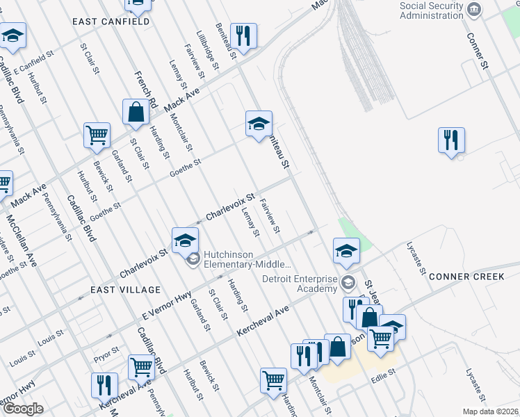 map of restaurants, bars, coffee shops, grocery stores, and more near 2641 Fairview Street in Detroit