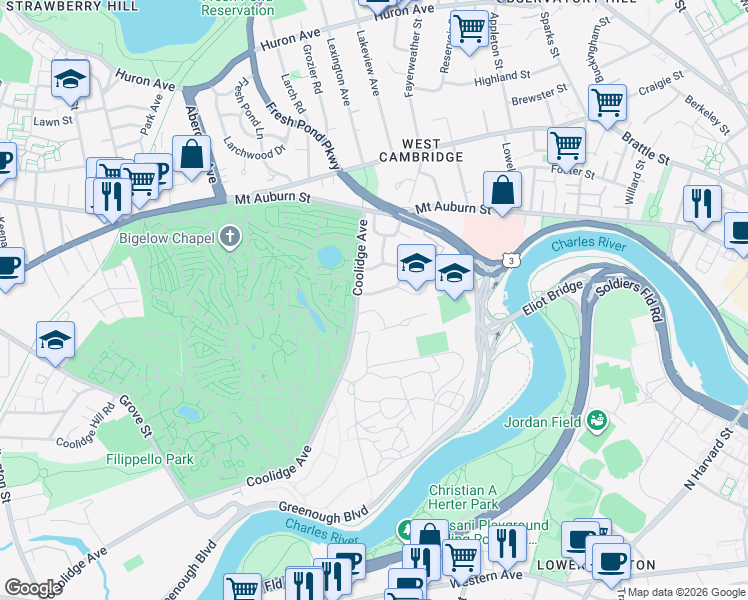 map of restaurants, bars, coffee shops, grocery stores, and more near 148 Coolidge Hill in Cambridge