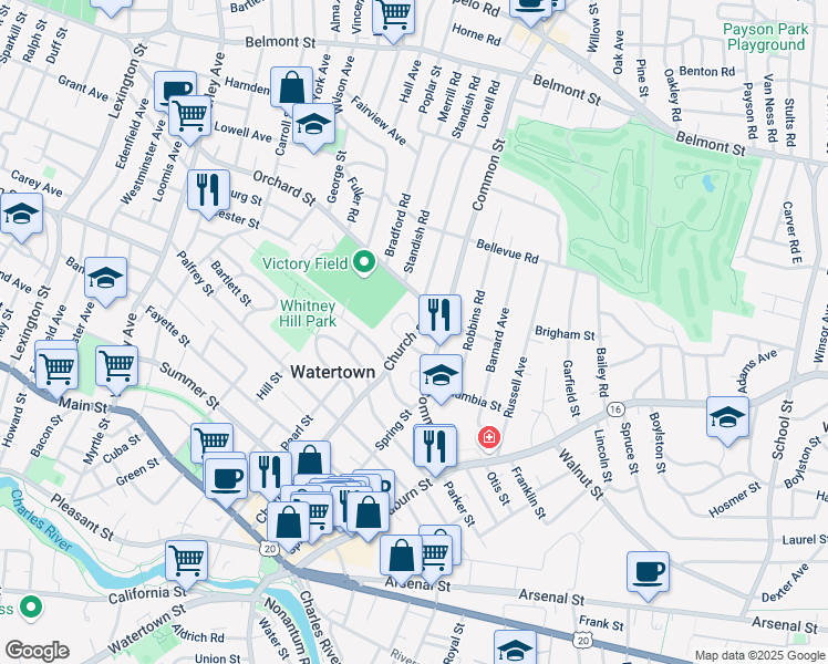 map of restaurants, bars, coffee shops, grocery stores, and more near 165 Church St in Watertown