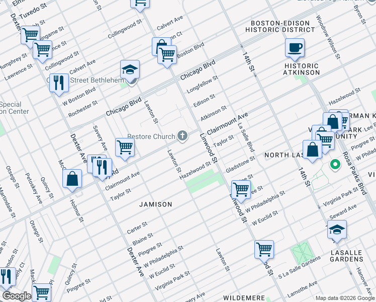 map of restaurants, bars, coffee shops, grocery stores, and more near 2715 Clairmount Avenue in Detroit