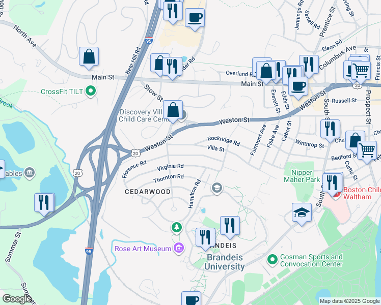 map of restaurants, bars, coffee shops, grocery stores, and more near 59 Florence Road in Waltham