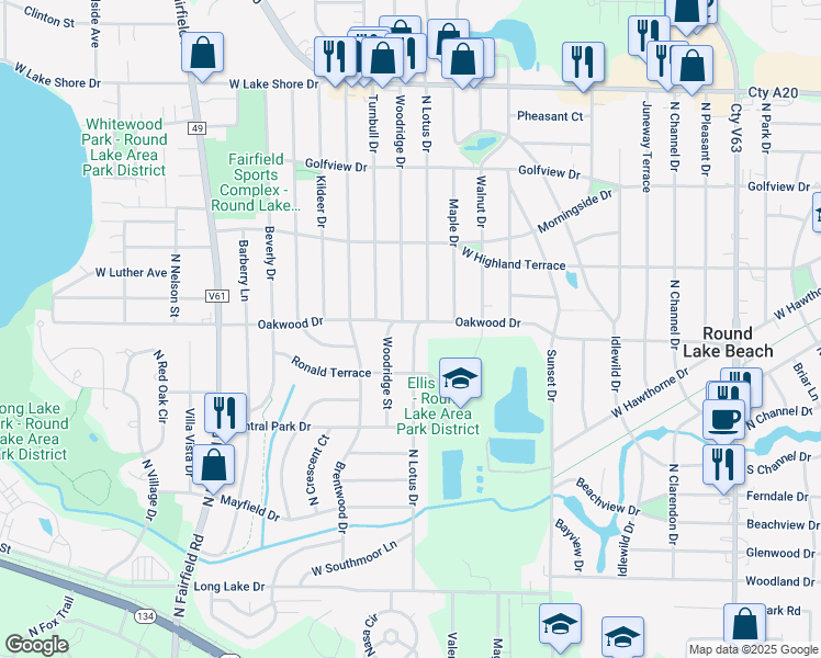 map of restaurants, bars, coffee shops, grocery stores, and more near 809 Oakwood Drive in Round Lake Beach