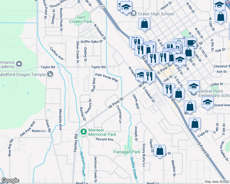 map of restaurants, bars, coffee shops, grocery stores, and more near 531 Palo Verde Way in Central Point