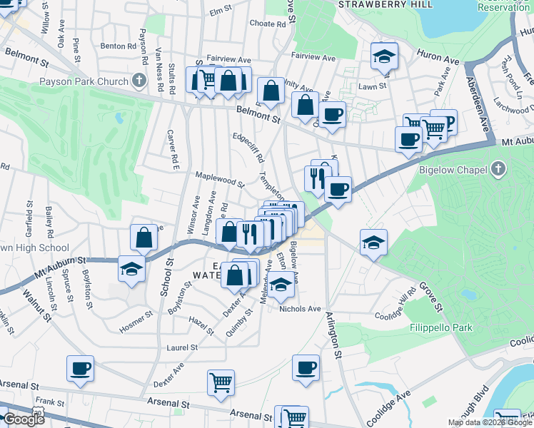 map of restaurants, bars, coffee shops, grocery stores, and more near 57 Clayton Street in Watertown