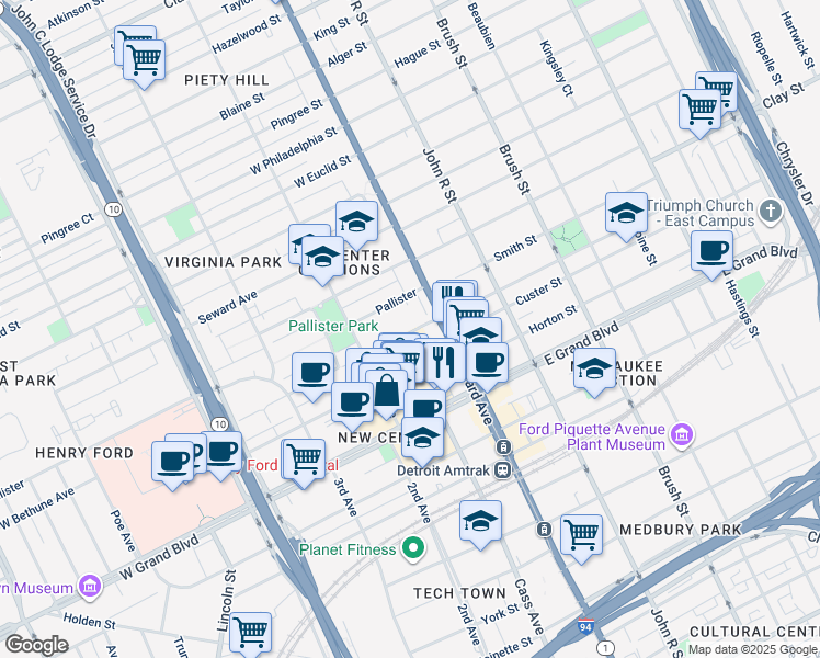 map of restaurants, bars, coffee shops, grocery stores, and more near 58 West Bethune Avenue in Detroit