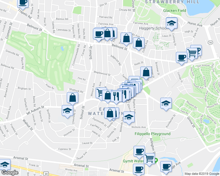 map of restaurants, bars, coffee shops, grocery stores, and more near 13 Appleton Terrace in Watertown