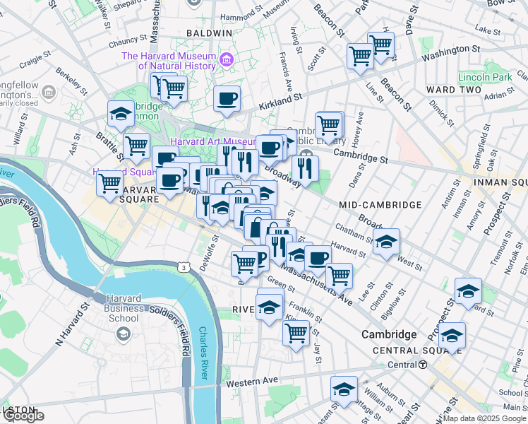 map of restaurants, bars, coffee shops, grocery stores, and more near 4 Ware Street in Cambridge