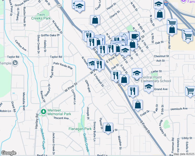 map of restaurants, bars, coffee shops, grocery stores, and more near 56 South Haskell Street in Central Point