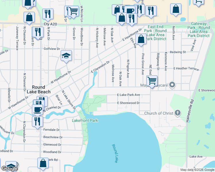 map of restaurants, bars, coffee shops, grocery stores, and more near 1309 North Hickory Avenue in Round Lake Beach