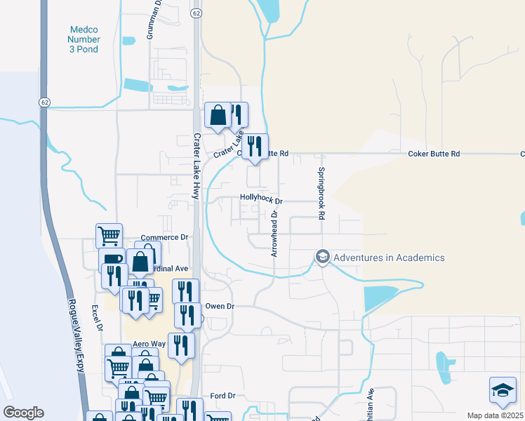 map of restaurants, bars, coffee shops, grocery stores, and more near 3877 Arrowhead Drive in Medford