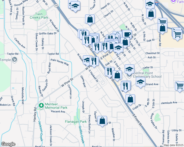 map of restaurants, bars, coffee shops, grocery stores, and more near 56 South Haskell Street in Central Point